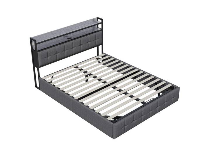 Shopentra Polsterbett 140x190 cm Grau LED USB Stauraum, Metall, 140x190 cm, Schlafzimmer, Betten, Polsterbetten