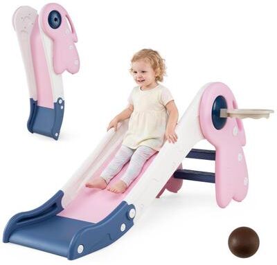 Costway 3-in-1 Foldable Toddler Slide with Basketball Hoop and Basketball-Pink