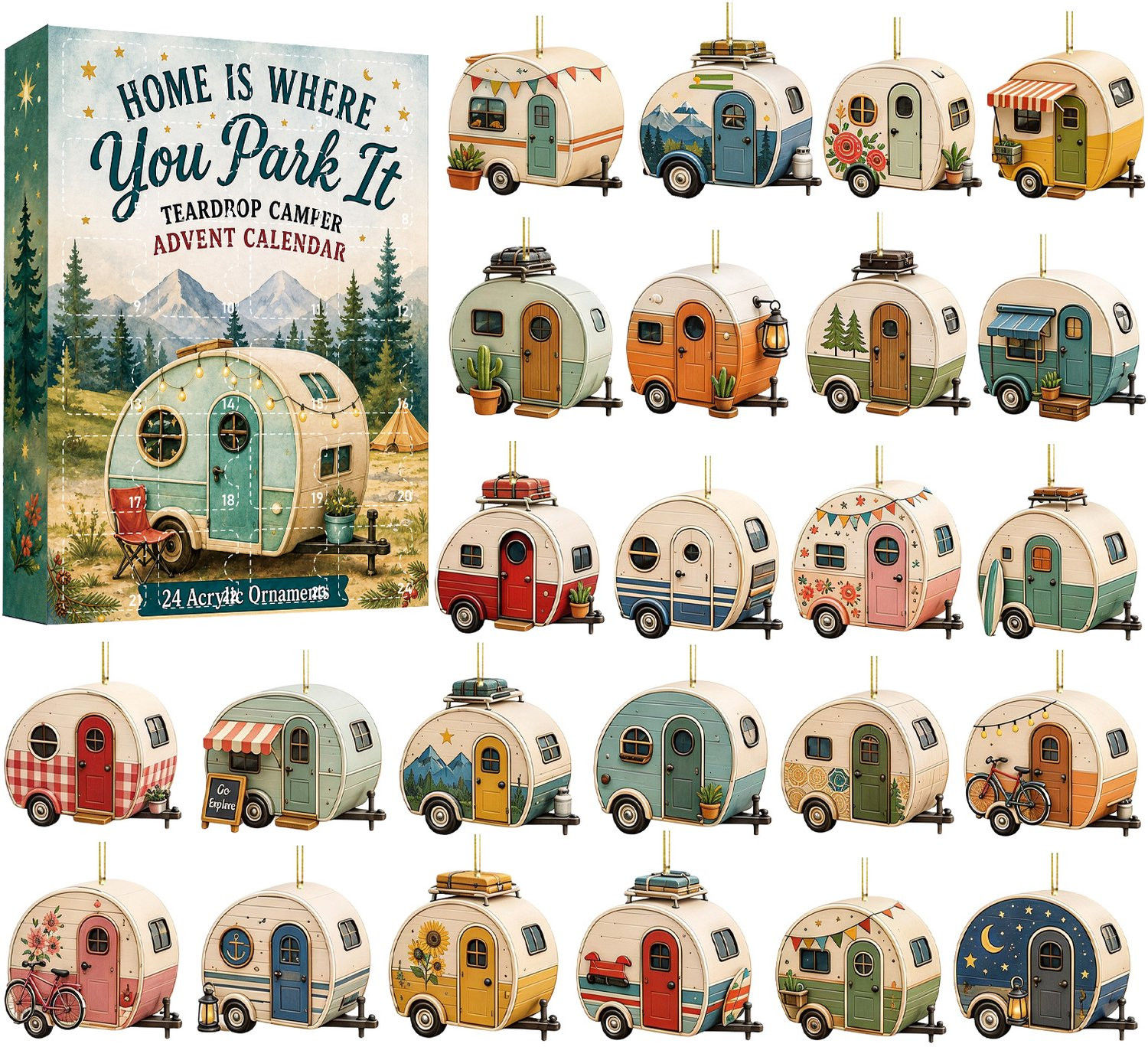 Kerstadventskalender Blind Box met Acrylornament Reiscaravan voor Buiten
