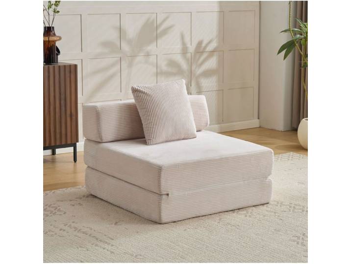 Maisentiel canapé de sol convertible 1 place en corduroy blanc avec coussin dossier et accoudoirs sans montage
