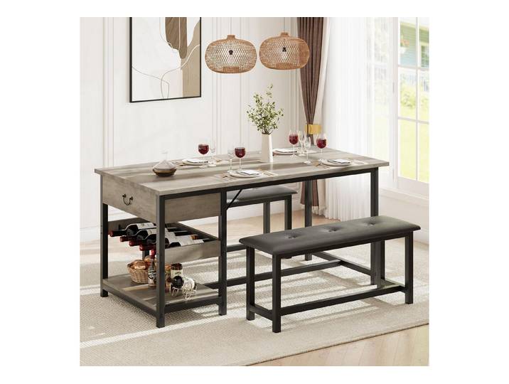 LuxusKollektion Esstisch Esstisch Set 3teilig 2 Banken PU Weinregal Schubladen Grau Gray (1-St)