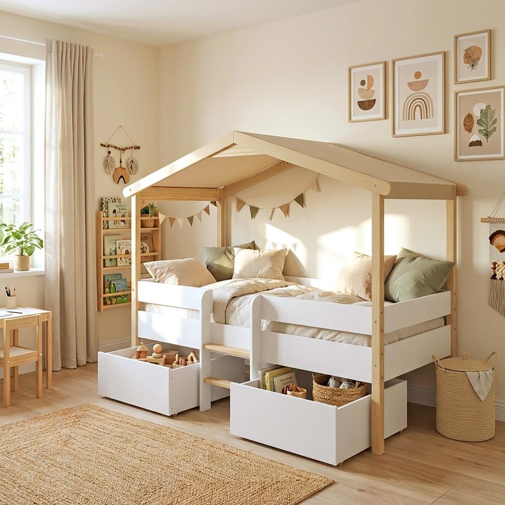 Hausbett mit Matratze und Schubladen/ Kinderbett 90x190 PILOTI - Weiß und naturfarben