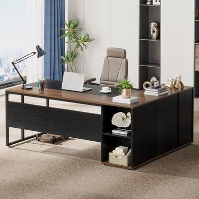 Bluebell 71 inch Executive Desk, L Shaped Desk with Cabinet and Shelves for Home Office