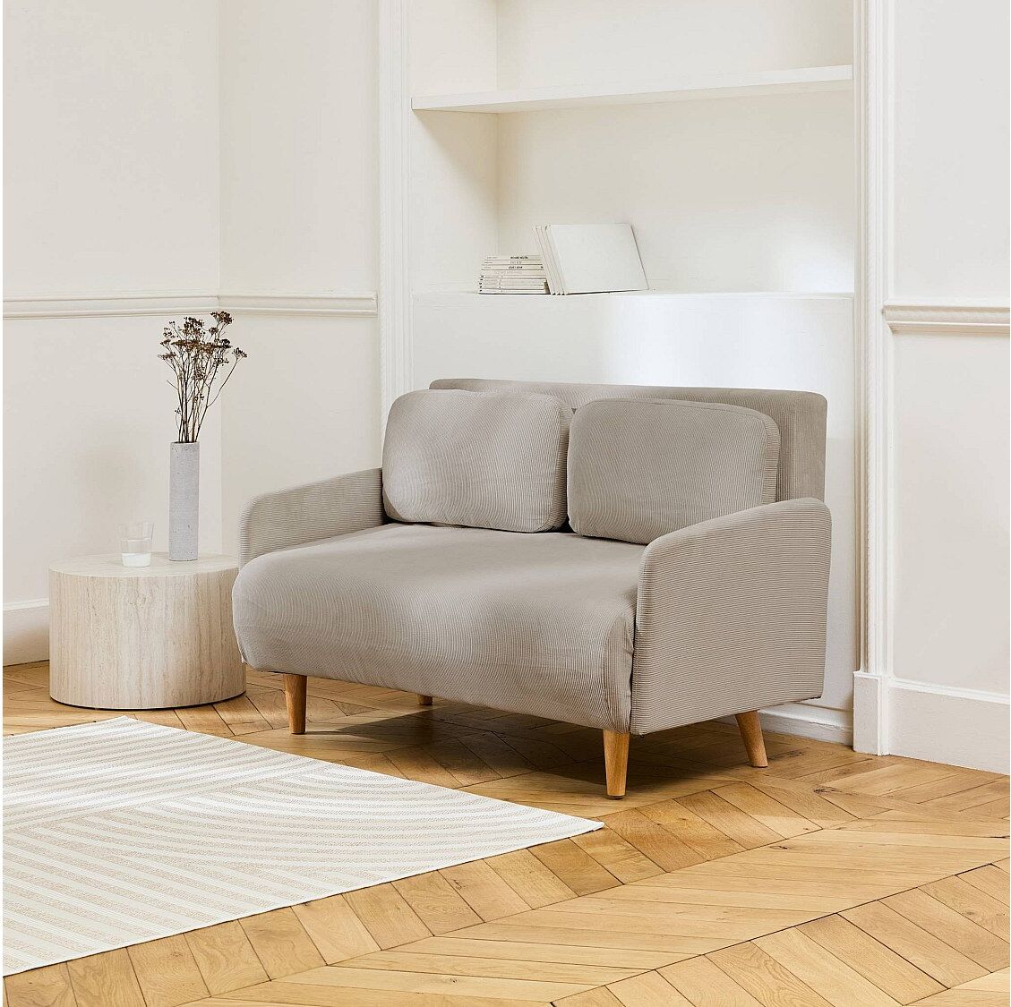 Sweeek Sofá cama de pana con patas de madera,  2 plazas  beige