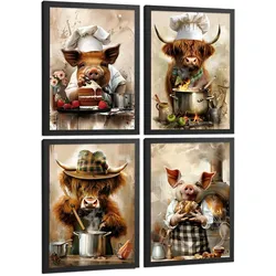 POSTER 4er Set Tier Koch Wandbilder Schwein Bäcker und Highland-Rind Köchin Illustration Küche Wanddeko Schwarzer Rahmen A3