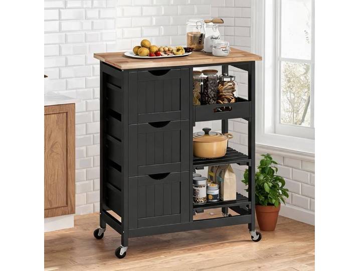 Chariot de cuisine mobile avec 3 tiroirs 2 étagères et plan de travail en bois noir
