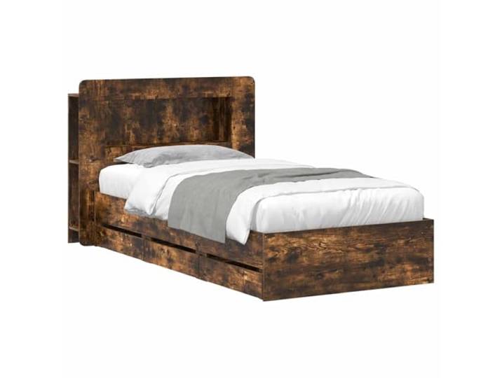 HFXHIJXQ Bettgestell mit Stauraum 90x200cm Kopfteil Geräucherte Eiche Praktisches Einzelbett mit integrierten Schubladen und Kopfteil-Regal für viel Ordnung im Schlafzimmer.