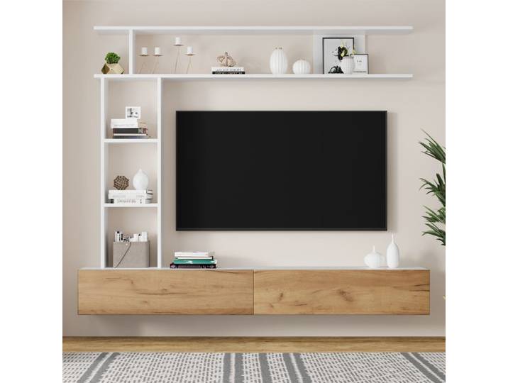 Meuble TV 180x35x22.5 cm mural blanc + chêne