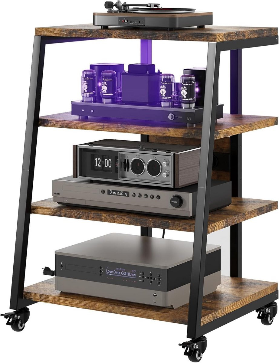 Houten Hifi Meubel met 4 Media Compartimenten voor Audioapparatuur en Vinylplaten