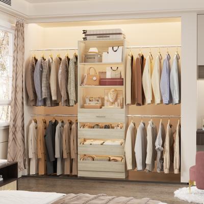 Rackcog Qvella Closet System with 4 Wooden Drawers and 4 Hanging Rods, Modern Walk-in Closet Organizer with Adjustable Tower Shelves