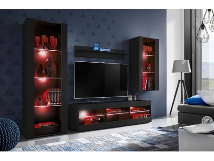 Komodee Wohnwand TV Tivoli Medio A2 Schwarz/Schwarz 245x159x35 cm Wohnwand Tivoli Medio, Schwarz/Schwarz, Breite 245cm x Höhe 159cm x Tiefe 35cm, LED RGB, für Wohnzimmer