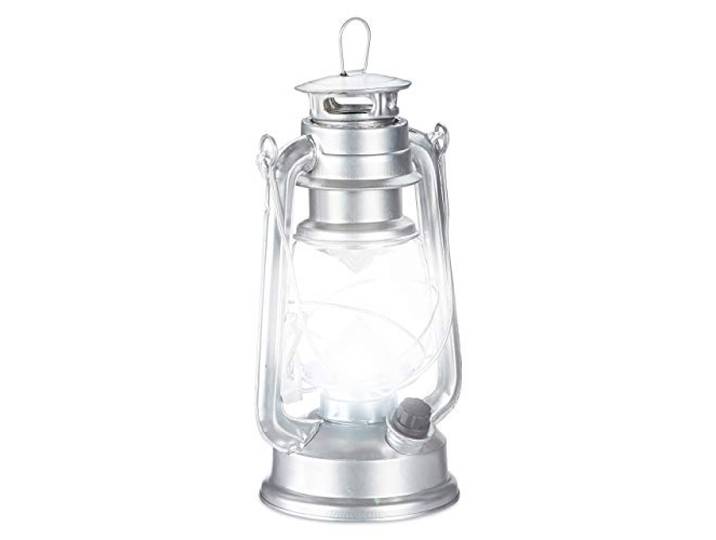 Relaxdays stormlamp LED, retro lantaarn, als vensterdecoratie of in de tuin, windlicht, op batterijen, zilverkleurig
