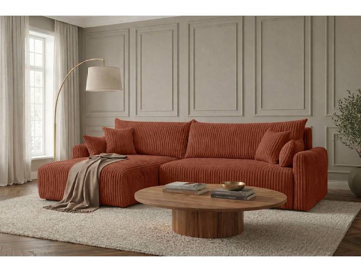 Kaiser Möbel Ecksofa mit Schlaffunktion für Wohnzimmer, Cordstoff Tilia, JAPANDI, Japandi-Stil, Abgerundete Form, Cordstoff mit hoher Abriebfestigkeit