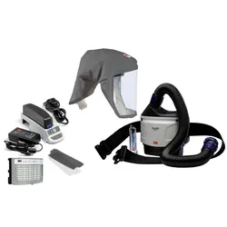 3M TR-315E+ Versaflo Starterpaket inkl. TR-302E, Zubehör und 3M Versaflo Einweg-Leichthaube S333LG mit integrierter Kopfhalterung, grau, robustes, knisterfreies und fusselarmes Material, Grösse M/L Material: Ventflex