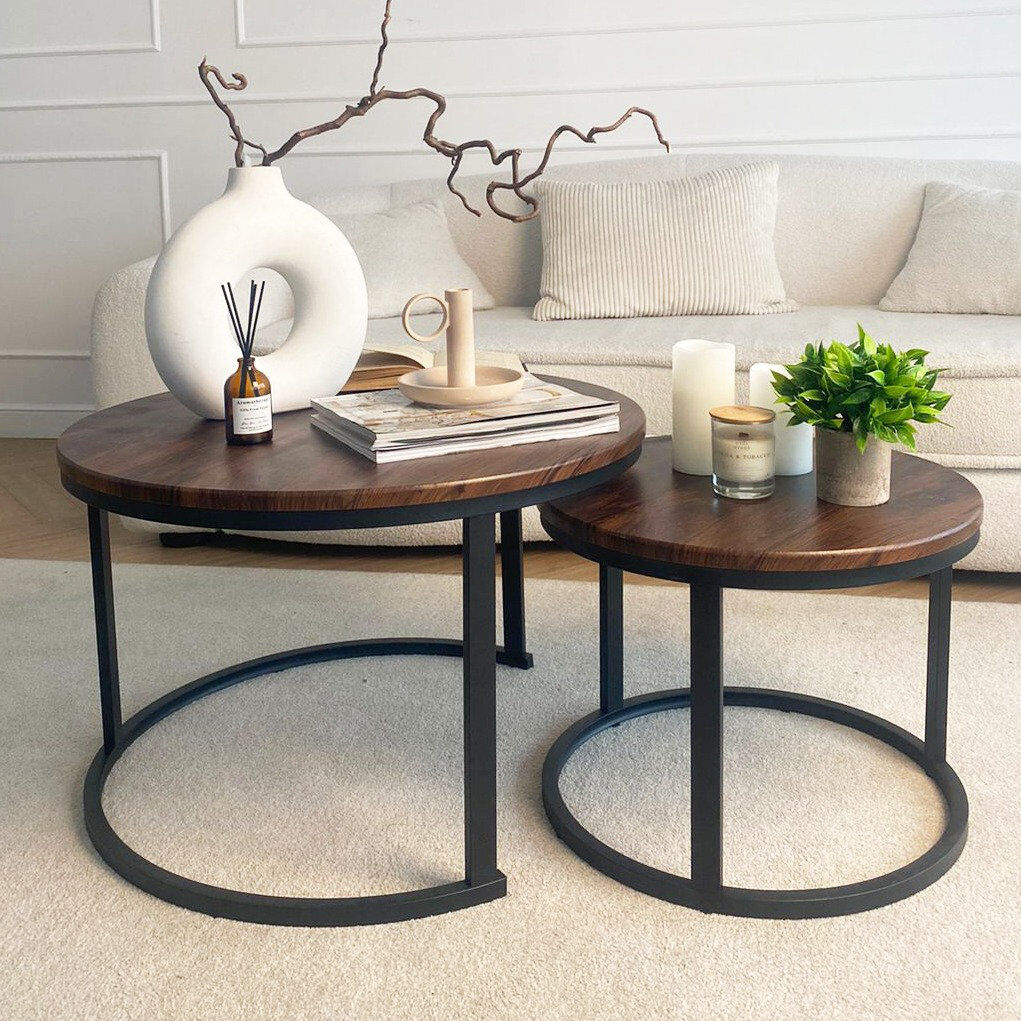 Froppi Nesting Coffee Tables For Living Room: 2 Tables D70 H45 Cm And D50 H38 Cm Dark Brown Wood 45cm H X 70cm W X 70cm D
