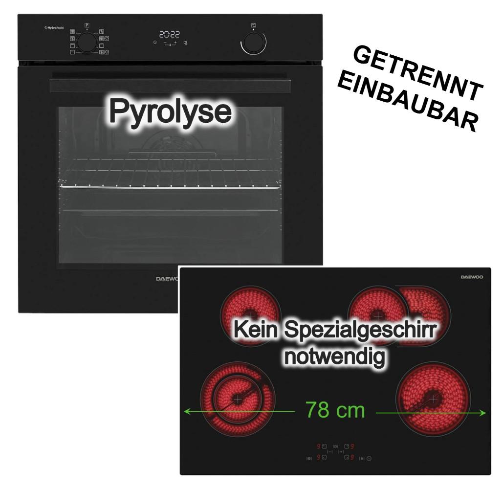 Daewoo Backofenset Einbaubackofen Pyrolyse SoftClose + Glaskeramik Kochfeld 4 Kochzonen Zweikreiszone