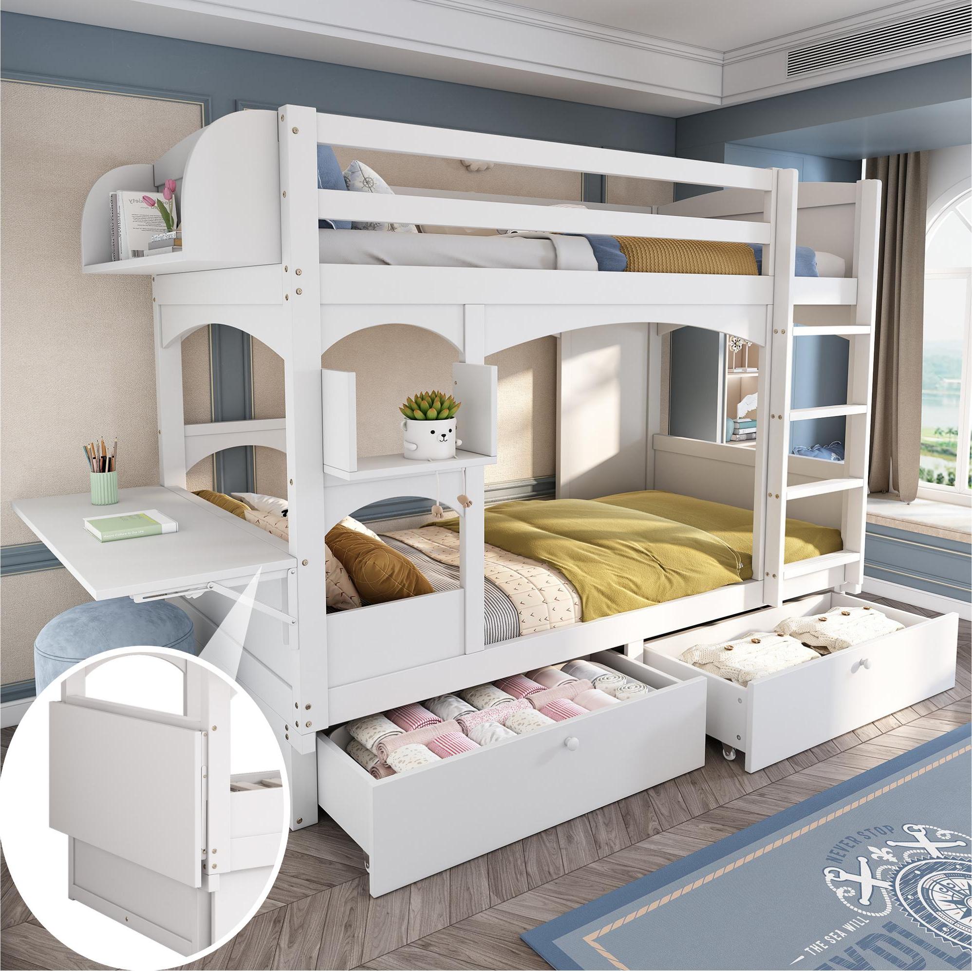 Kinder-Etagenbett, Doppelbett, multifunktionales Kinderbett, mit klappbarem Schreibtisch und Regal, mit Leiter und 2 Schubladen, ohne Matratze
