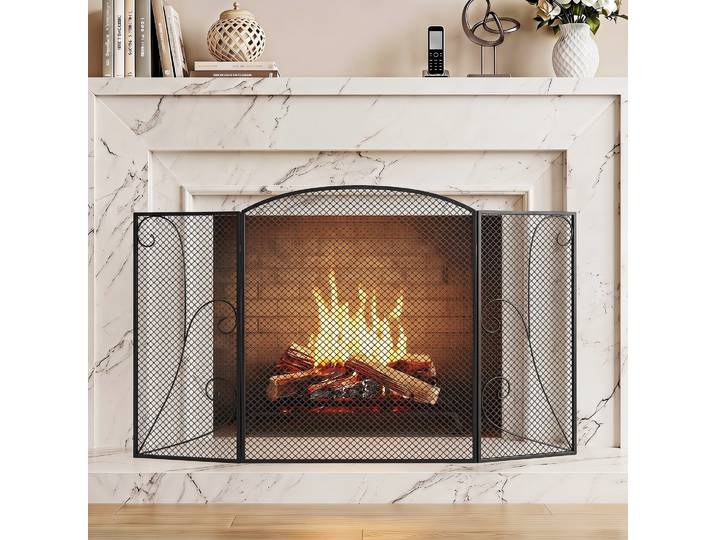 HOMCOM Pare-étincelles Cheminée 3 Panneaux Métal Noir 133x77cm