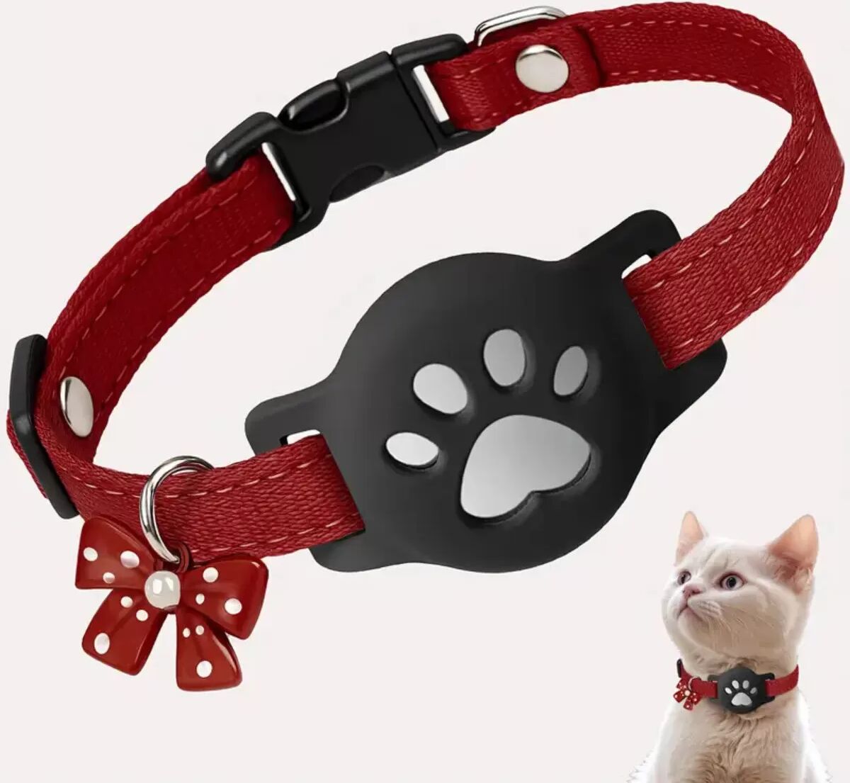 INF Verstellbares reflektierendes Katzenhalsband mit Silikonhalter kompatibel mit Apple AirTag - wasserdichter Polyester Rot