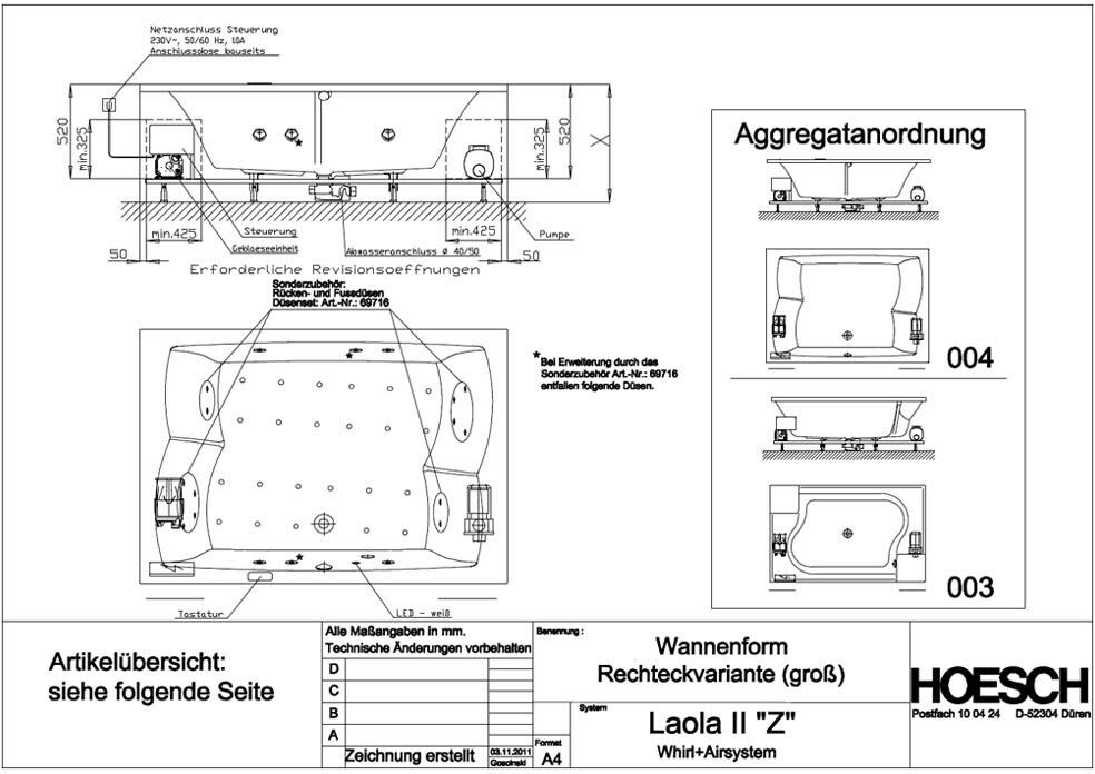 Hoesch Largo Rechteck-Whirlpool 200 x 140 Laola II Whirl + Air mit 6 Whirl- 23 Airdüsen