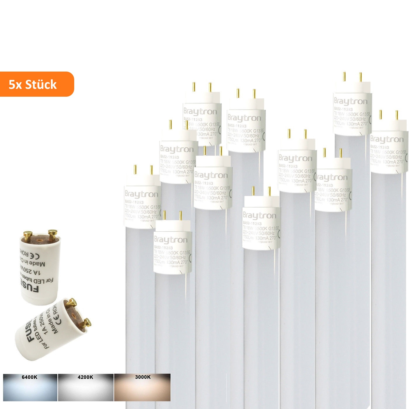 Braytron Set van 5 LED-buizen G13 T8, 60 cm, Warmwit 3000K, 900 lumen, inclusief starter en melkwitte afdekking