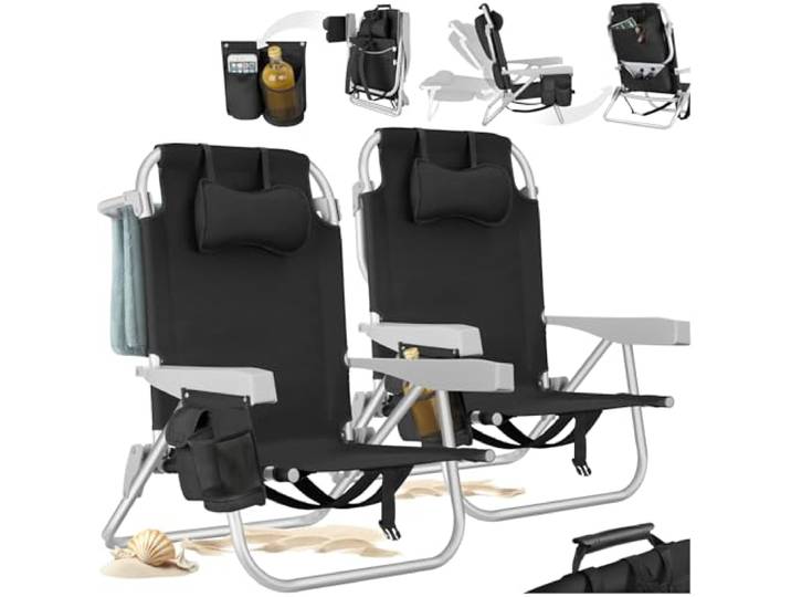 tectake® Strandstuhl klappbar zur Sonnenliege, Campingstuhl faltbar, Liegestuhl, Rucksackfunktion zum Tragen, inkl. Kühltasche, perfekt als Angelstuhl, Strandliege klappbar leicht - schwarz, 2er Set