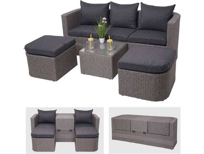 3in1-Garnitur HWC-J37, Garten-/Lounge-Set Sonneninsel, Spun Poly Poly-Rattan MVG grau, Kissen anthrazit