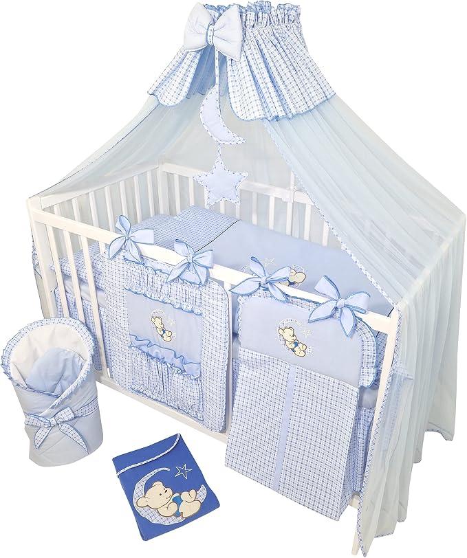16 Teiliges Babybett Kinderbett und Bettwäsche komplett Set Happy Leo inkl. Matratze höhenverstellbar für Neugeborene Babys und Kleinkinder aus Massivholz (Teddybär Mond - Blau)