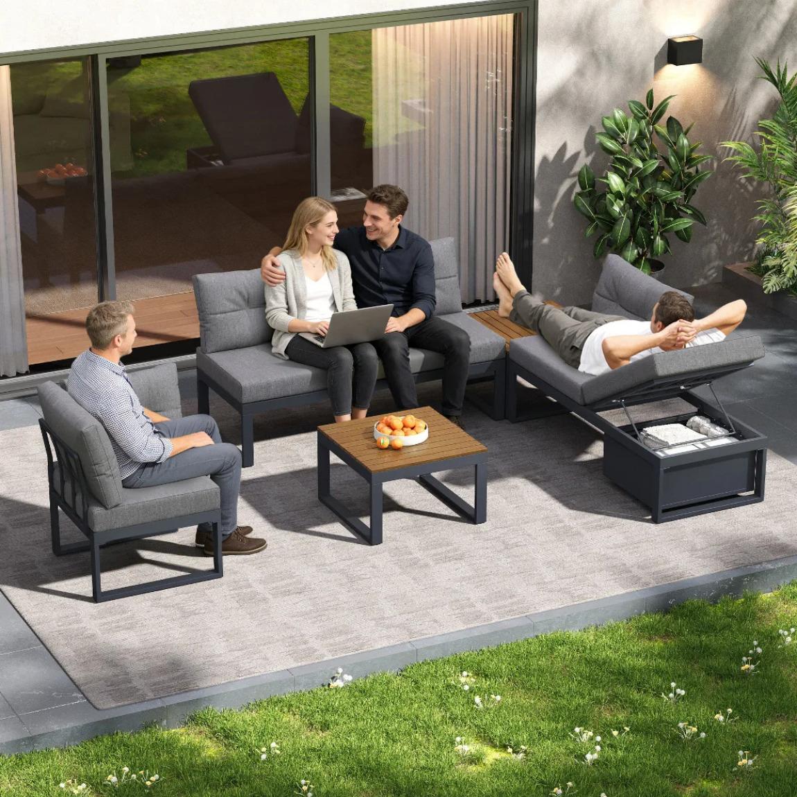 Multifunktionale Terrassenbank, Grau - Polyester - Modulares Design - Robuster Rahmen