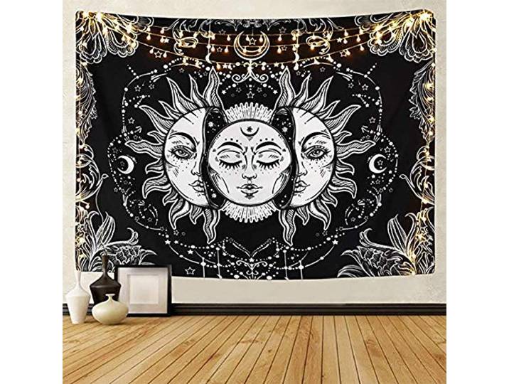 LOMOHOO Zon en Maan Tarot Wandtapijt Hemelse Zwarte Psychedelische Wandtapijt Indiase Mandala Bohemian Hippie Strand Sprei (A-zon en maan, L/148 x 200 cm)