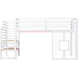 STILVORA Hochbettgestell aus Metall und MDF Weiß 90x200 cm, gewerblich geeignet, mit Treppe