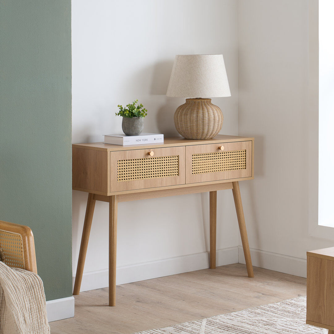 Latitude Run Noemi Rattan Console Table 100CM Width Oak 76.5cm H X 100cm W X 30cm D
