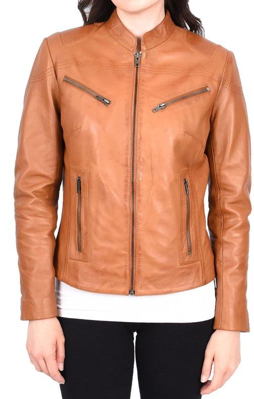 Damen Motorradjacke aus echtem Leder - Vorderseite mit Reißverschluss und 4 Taschen - Braun