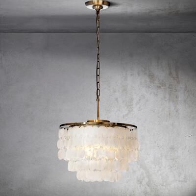 CraftHome 3-Lights Unique Natural Coastal Antique Bronze Tiered Capiz Shell Chandelier for Living Room - W18''