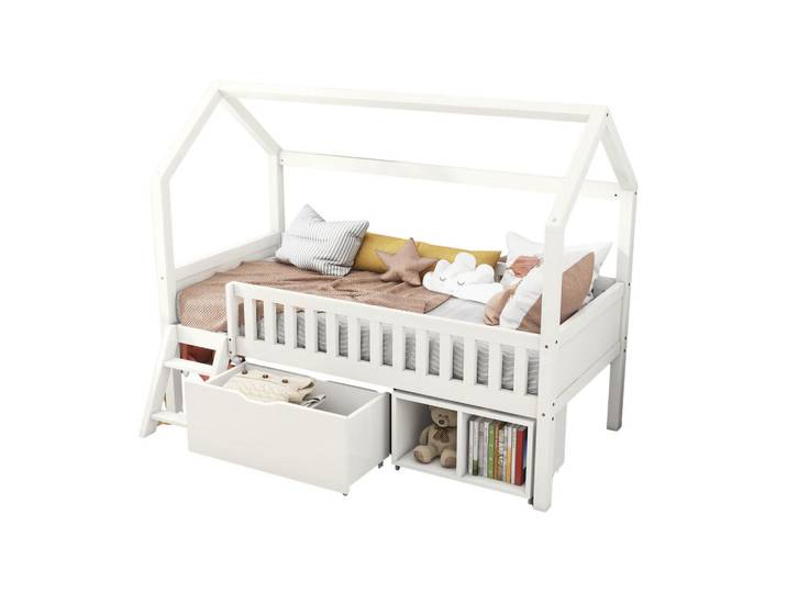 Modfu Hausbett aus Kiefernholz 90x200 cm Weiß mit Treppe, Schubladen, Ablagefächern und Absturzschutz, 90x200 cm, Babymöbel & Kindermöbel, Kinderzimmer & Jugendzimmer, Kinderbetten, Spielbetten