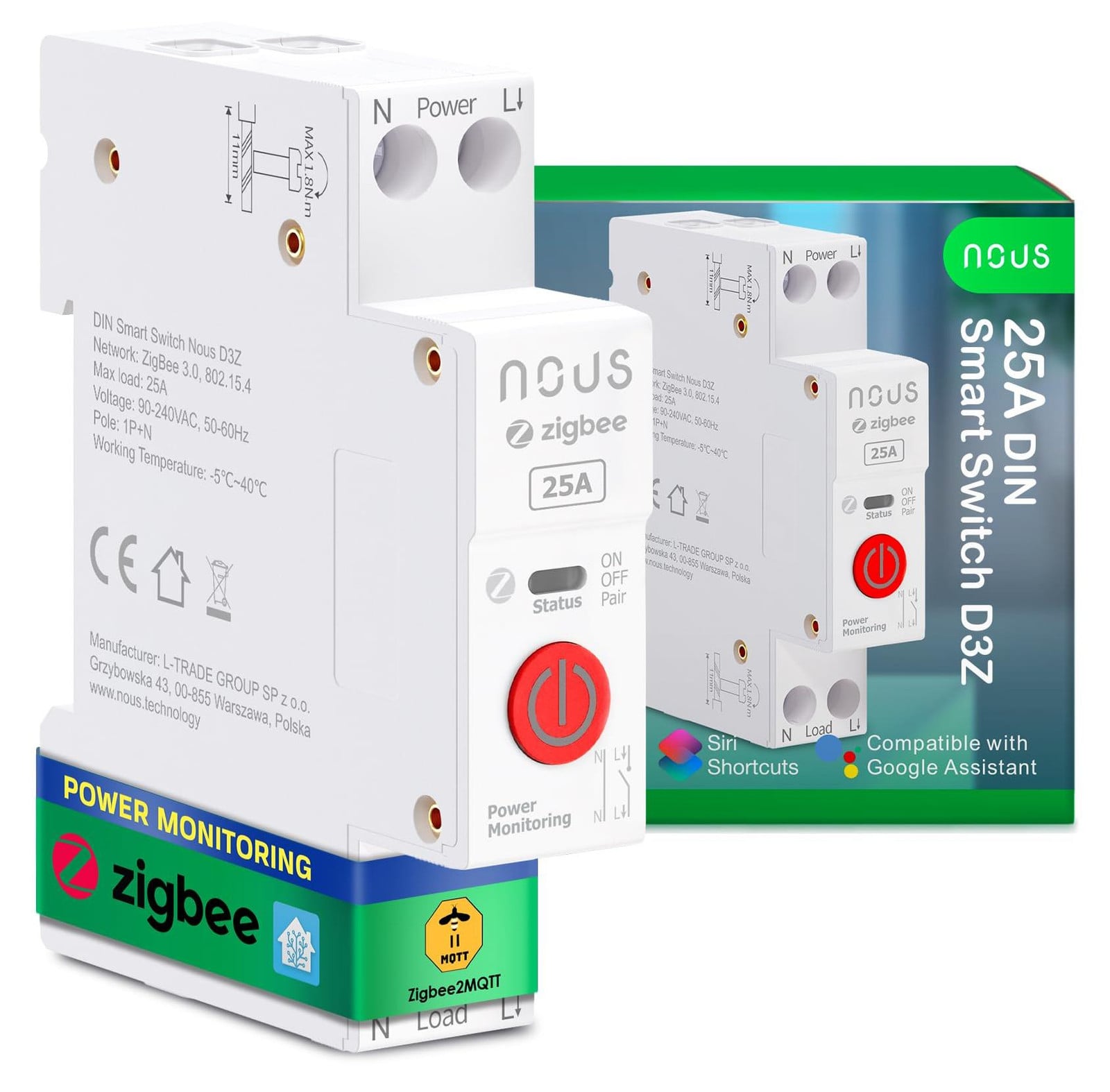 NOUS D3Z ZigBee Tuya slimme DIN-schakelaar, 25A