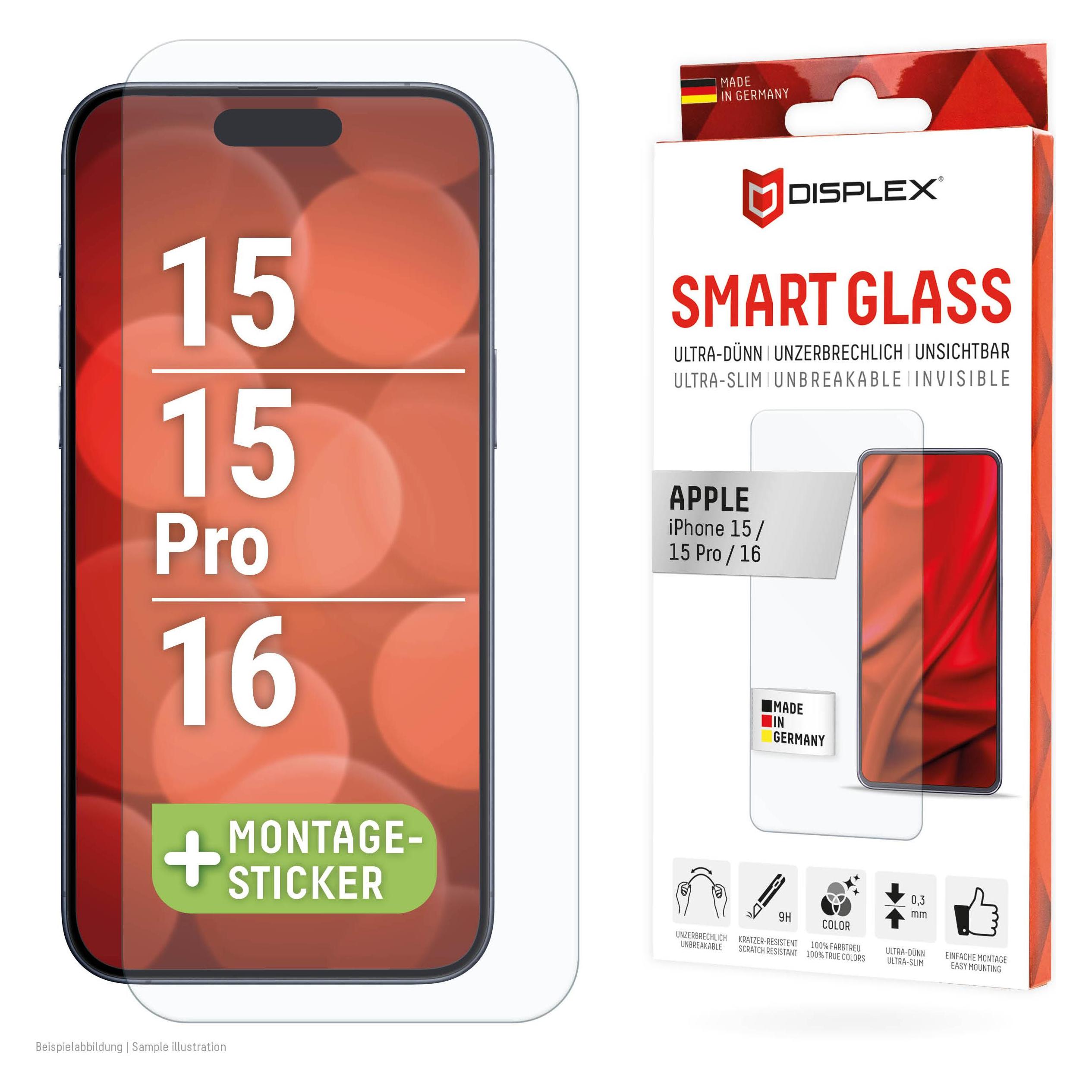 Displex Smart Glass, Displayschutzfolie (1 Stk., Apple iPhone 15, Apple iPhone 15 Pro, Apple iPhone 16) (02010)
