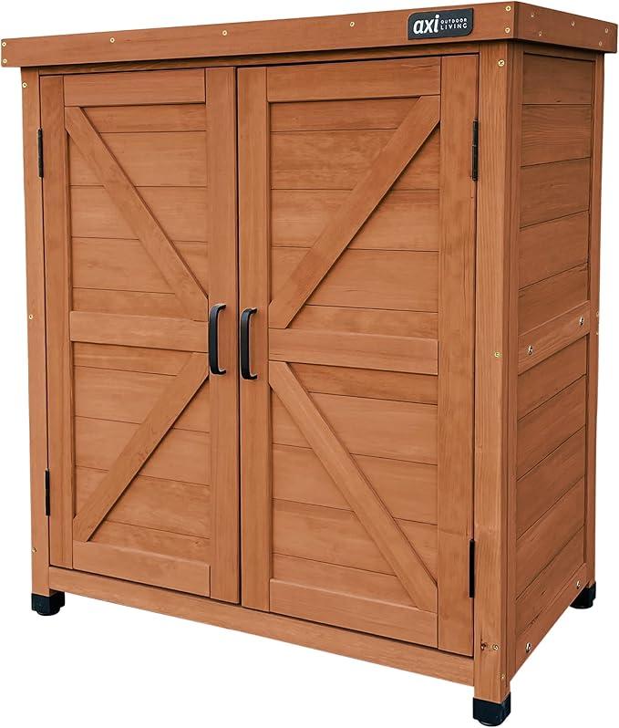 Felix Gartenschrank aus Holz in Kaffeebraun | Geräteschrank/Geräteschuppen für den Garten mit Ablage | 80 x 45 x 93 cm