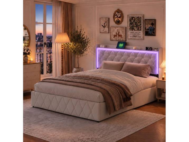 Simurq Polsterbett 160x200cm Beige LED USB Hydraulik Stauraum (hydraulischem Stauraum), LED,USB,Hydraulik‑Stauraum,Beige,Lattenrost