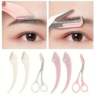 Professional Eyebrow Trimmer Set, Curved Eyebrow Razor, Scissors With Comb & Grooming Kit For Beginner Beauty Tools pink