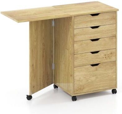 Costway Folding Desk with Storage Drawers and Wheels for Dorms Apartments-Natural