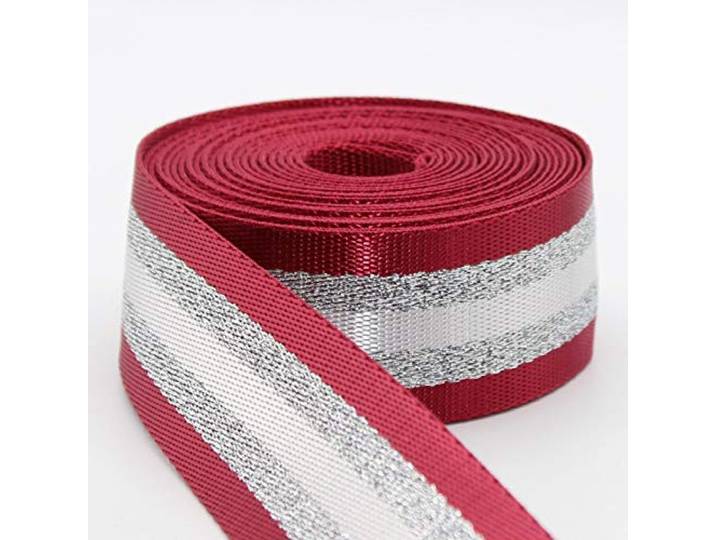 5 m gestreepte riem, glanzend, goud, zilver, metallic, Lurex, 38 mm, rood, zilver (kraag 03A)