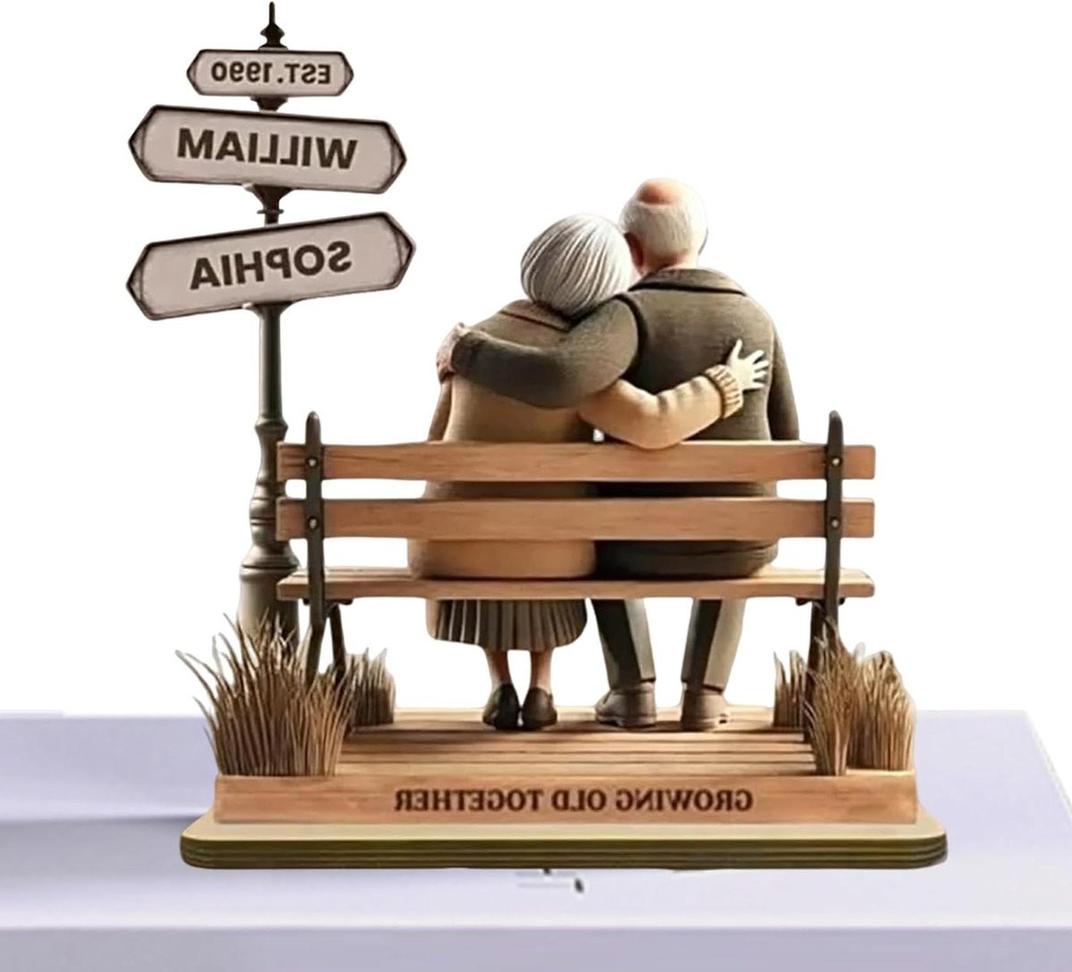 Handgemaakte houten beeldjes Samen oud worden voor op tafel, 15 x 10 cm