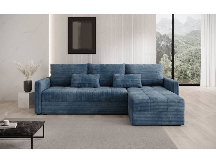 Designer Ecksofa Roma in Cord mit Schlaf- und Klappfunktion - Blau - Rechts - Cord - Luxusbetten24