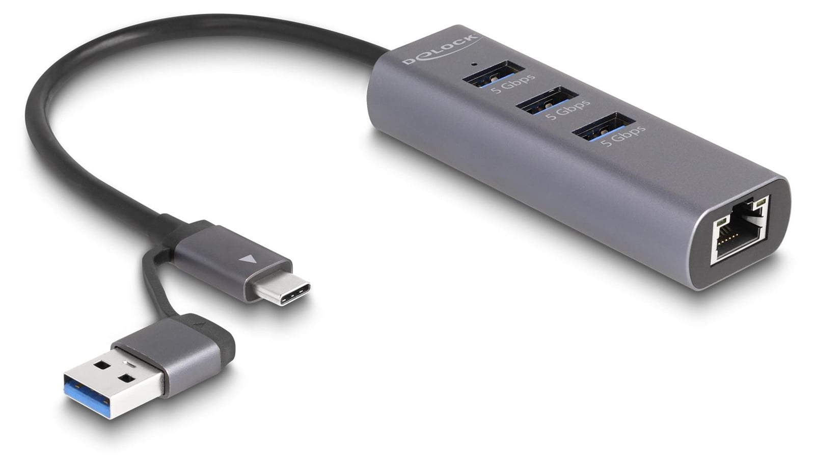 Delock 64282 USB Hub met 3 poorten 5 Gbps en Gigabit LAN met USB Type-C