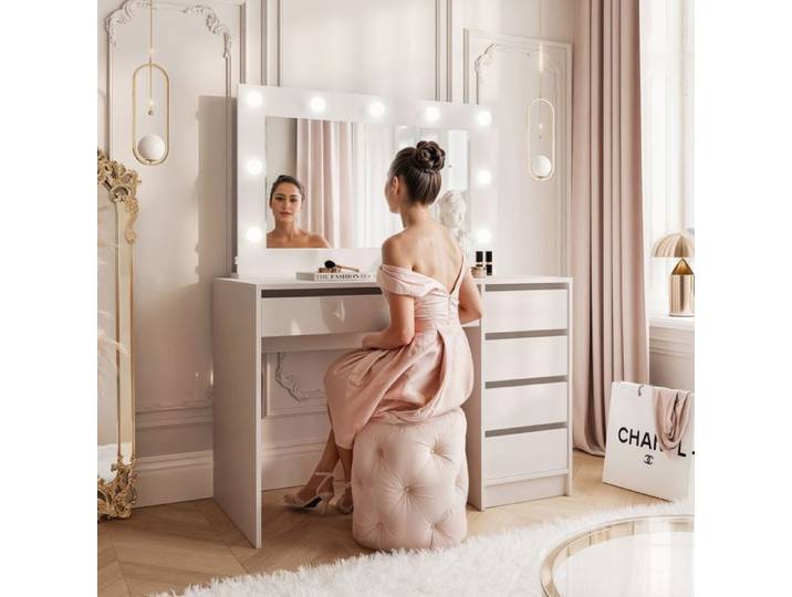Coiffeuse BELLA II - avec miroir LED - 5 tiroirs - 110x55x144 cm - Cachemire