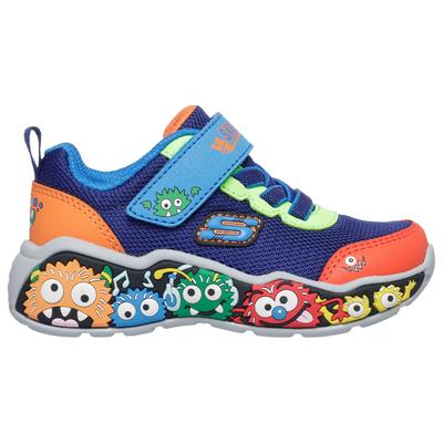 Lauflernschuh SKECHERS "PLAY SCENE", Baby, Gr. 22, Textil, bunt (navy multifarben), Lederimitat, Mesh, kontrastfarbene Details, Schuhe Lauflernschuh, Freizeitschuh mit bedruckter Sohle, Größenschablone zum Download