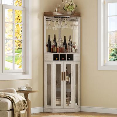 Kodotan sofa Corner Bar Cabinet with LED Lights and Mirrored Backing,Rustic Liquor Cabinet with Glass Doors, Stemware Racks & Wine Storage