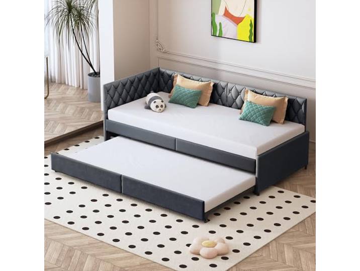 MISNODE Multifunktionales ausziehbares Schlafsofa 90/180 x 200 cm, ausziehbares 2-Sitzer-Sofa mit Lattenrost, Doppelbett aus Samt, ohne Matratze (Dunkelgrau, 90/180 x 200 cm)