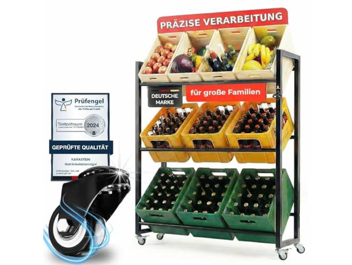KARASTEIN® Getränkekistenregal mit Rollen für 9 Kisten – Schwerlast bis 225 kg Traglast – Mobiles Bier- & Wasserkistenregal für Garage & Lager